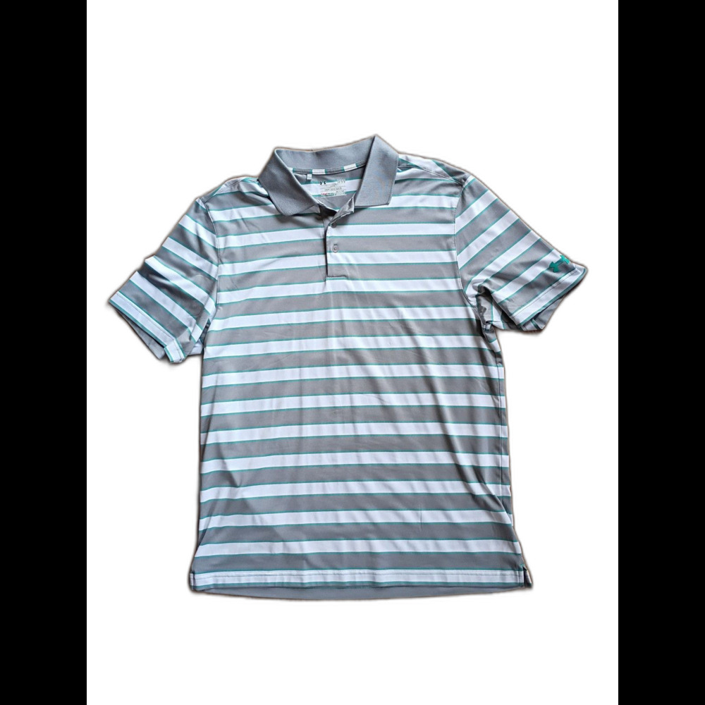 Under Armour HeatGear Gray Teal Striped Polo Shirt Large